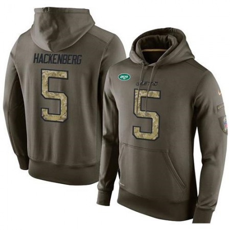 NFL Men's New York Jets #5 Christian Hackenberg Stitched Green Olive Salute To Service KO Performance Hoodie
