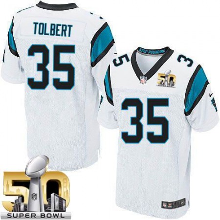Panthers #35 Mike Tolbert White Super Bowl 50 Men's Stitched NFL Elite Jersey