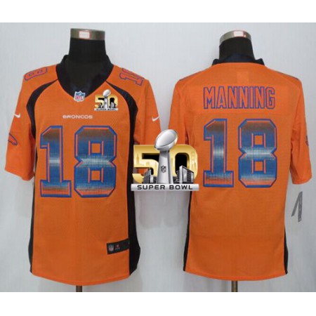 Broncos #18 Peyton Manning Orange Team Color Super Bowl 50 Men's Stitched NFL Limited Strobe Jersey