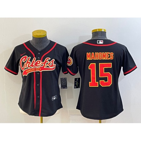 Youth Kansas City Chiefs #15 Patrick Mahomes Black With Patch Cool Base Stitched Baseball Jersey
